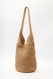 Natural braided straw shoulder bag with snap closure, view 5