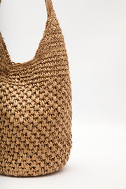 Natural braided straw shoulder bag with snap closure, view 7