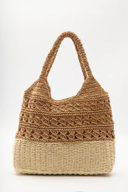 Natural two tone straw shoulder tote bag with inner pocket, view 3