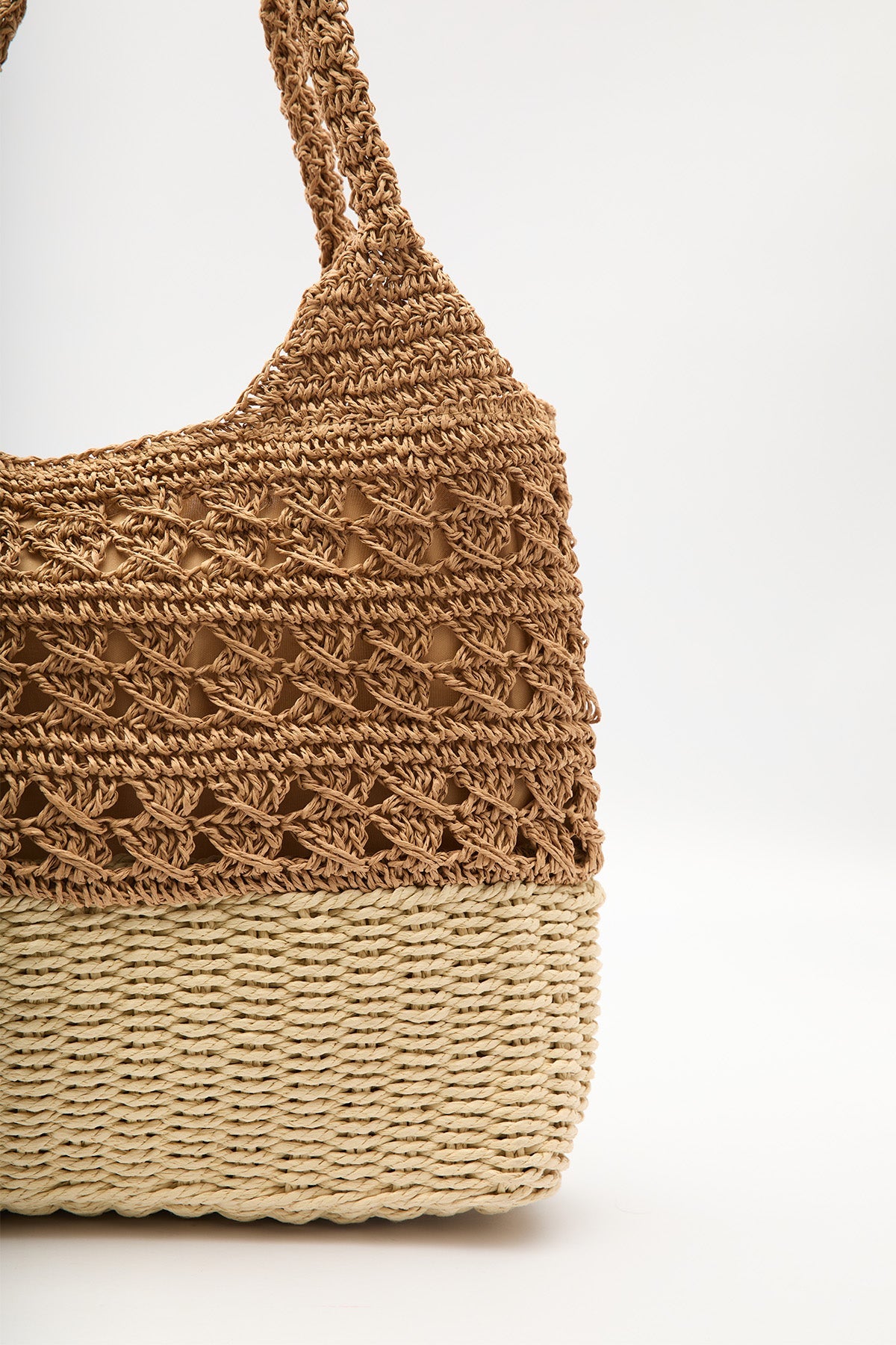 Natural two tone straw shoulder tote bag with inner pocket, view 4