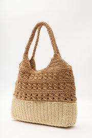 Natural two tone straw shoulder tote bag with inner pocket, view 5