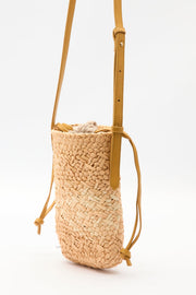 Beige mini straw basket bucket bag with drawstring closure, view 6