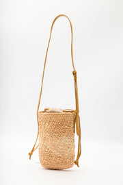 Beige mini straw basket bucket bag with drawstring closure, view 4