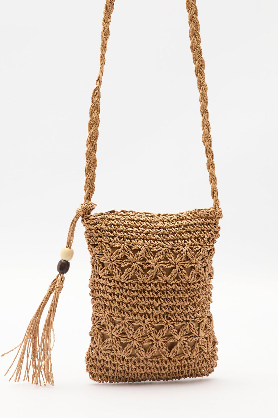 Natural mini straw crossbody bag with beaded tassel detail, view 2