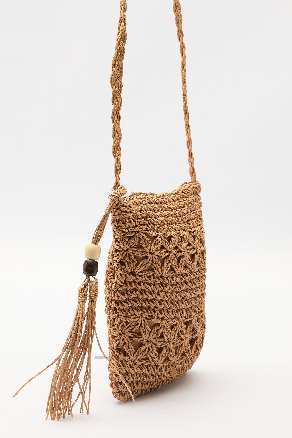 Natural mini straw crossbody bag with beaded tassel detail, view 5