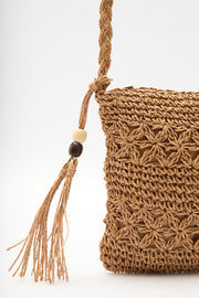 Natural mini straw crossbody bag with beaded tassel detail, view 6