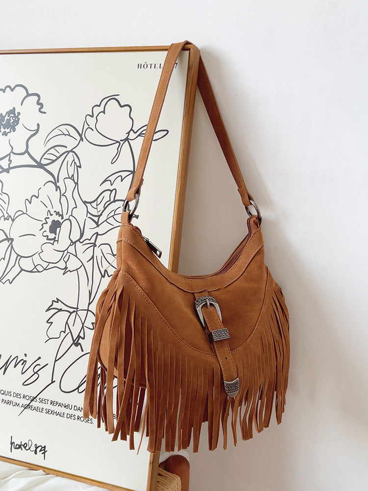 Women’s Soft Leather Soft Suede Shoulder Bag with Tassel for Everyday City Outfits