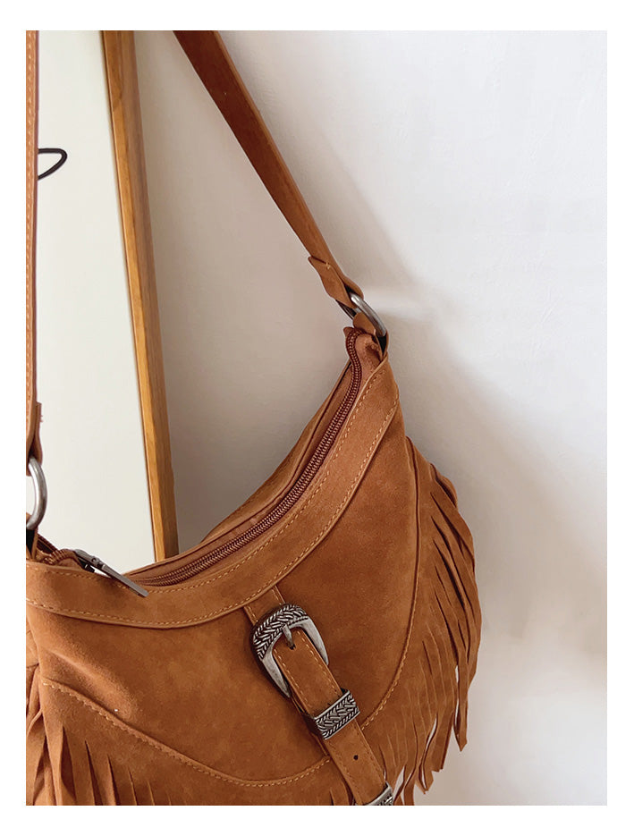 Women’s Soft Leather Soft Suede Shoulder Bag with Tassel for Everyday City Outfits