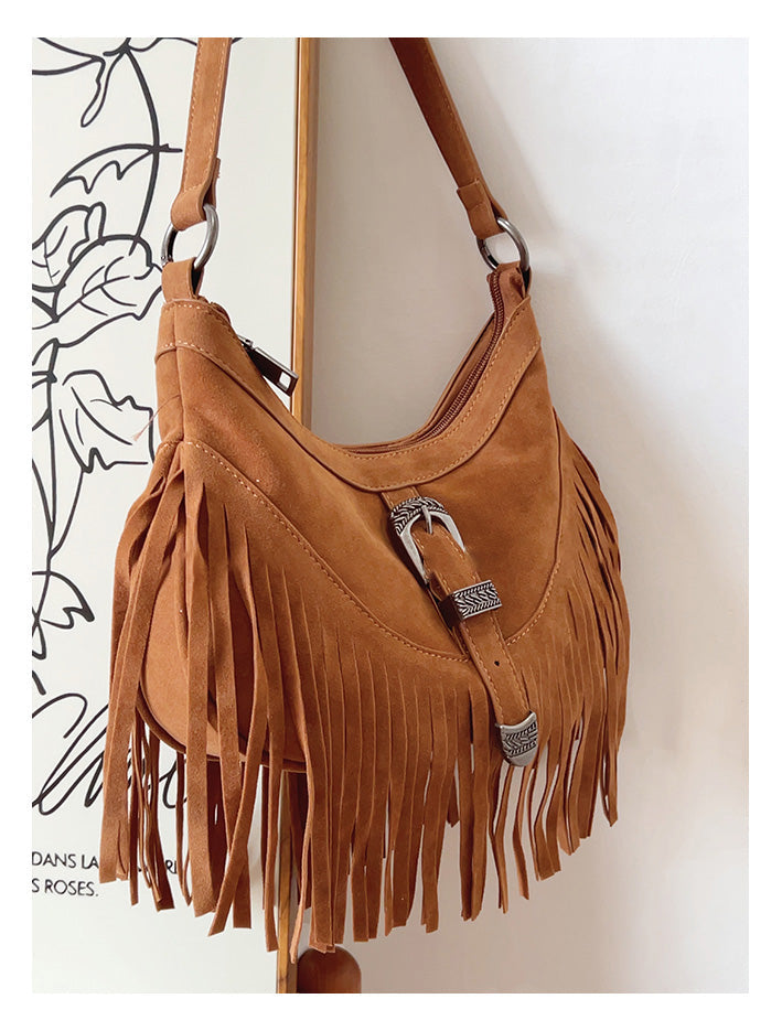 Women’s Soft Leather Soft Suede Shoulder Bag with Tassel for Everyday City Outfits