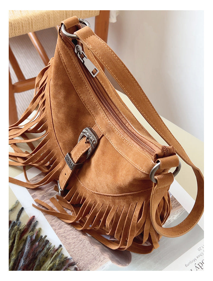 Women’s Soft Leather Soft Suede Shoulder Bag with Tassel for Everyday City Outfits