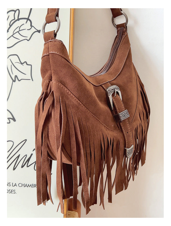 Women’s Soft Leather Soft Suede Shoulder Bag with Tassel for Everyday City Outfits