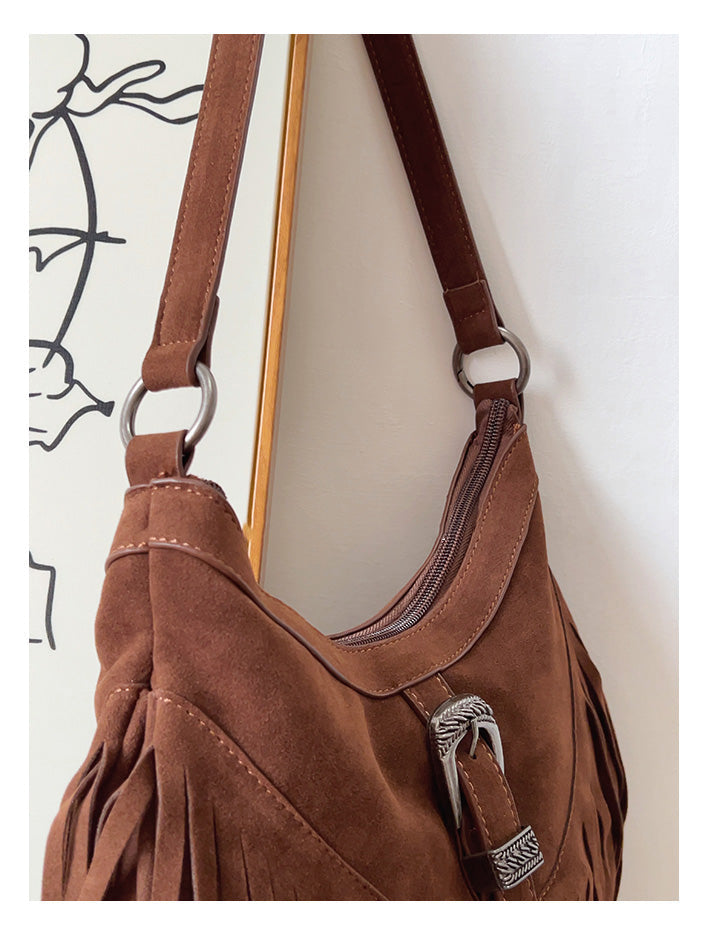 Women’s Soft Leather Soft Suede Shoulder Bag with Tassel for Everyday City Outfits