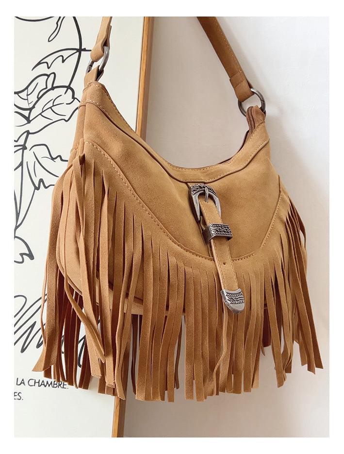 Women’s Soft Leather Soft Suede Shoulder Bag with Tassel for Everyday City Outfits