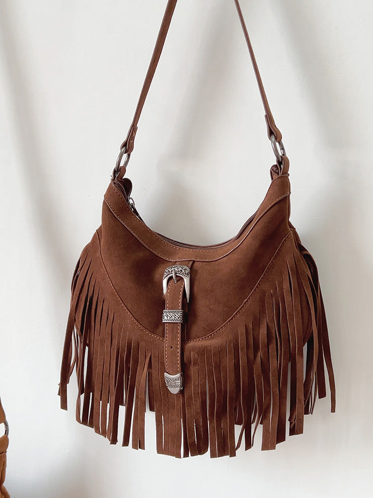 Women’s Soft Leather Soft Suede Shoulder Bag with Tassel for Everyday City Outfits