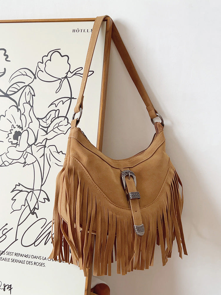 Women’s Soft Leather Soft Suede Shoulder Bag with Tassel for Everyday City Outfits