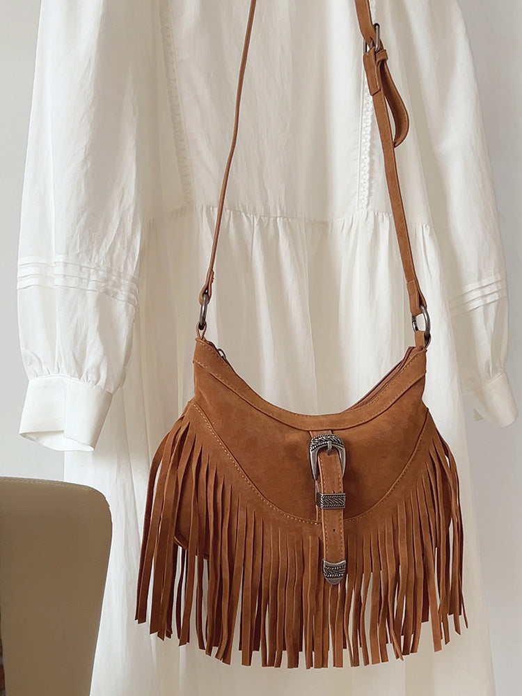 Women’s Soft Leather Soft Suede Shoulder Bag with Tassel for Everyday City Outfits