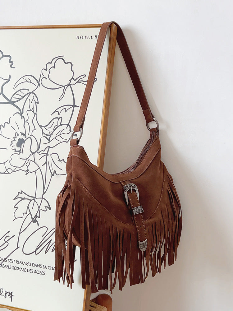 Women’s Soft Leather Soft Suede Shoulder Bag with Tassel for Everyday City Outfits