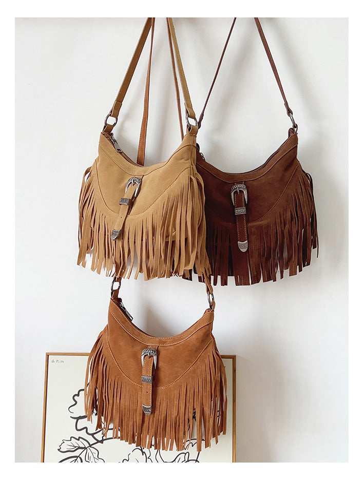 Women’s Soft Leather Soft Suede Shoulder Bag with Tassel for Everyday City Outfits