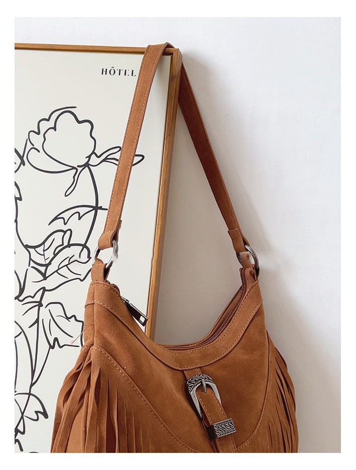 Women’s Soft Leather Soft Suede Shoulder Bag with Tassel for Everyday City Outfits