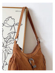 Women’s Soft Leather Soft Suede Shoulder Bag with Tassel for Everyday City Outfits