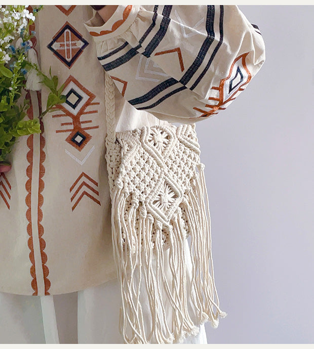 Women’s Macrame Cotton Retro Cotton Macrame Crossbody Bag with Tassels for Boho Everyday Style & Gifts
