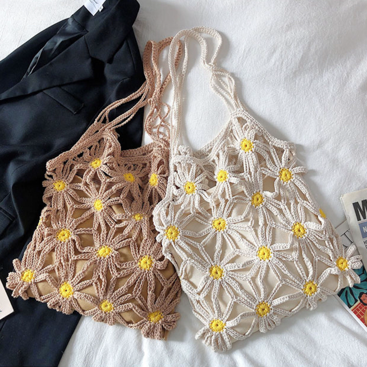 Women’s Retro Daisy Cotton Knitted Shoulder Bag for Boho Everyday Style & Gifts
