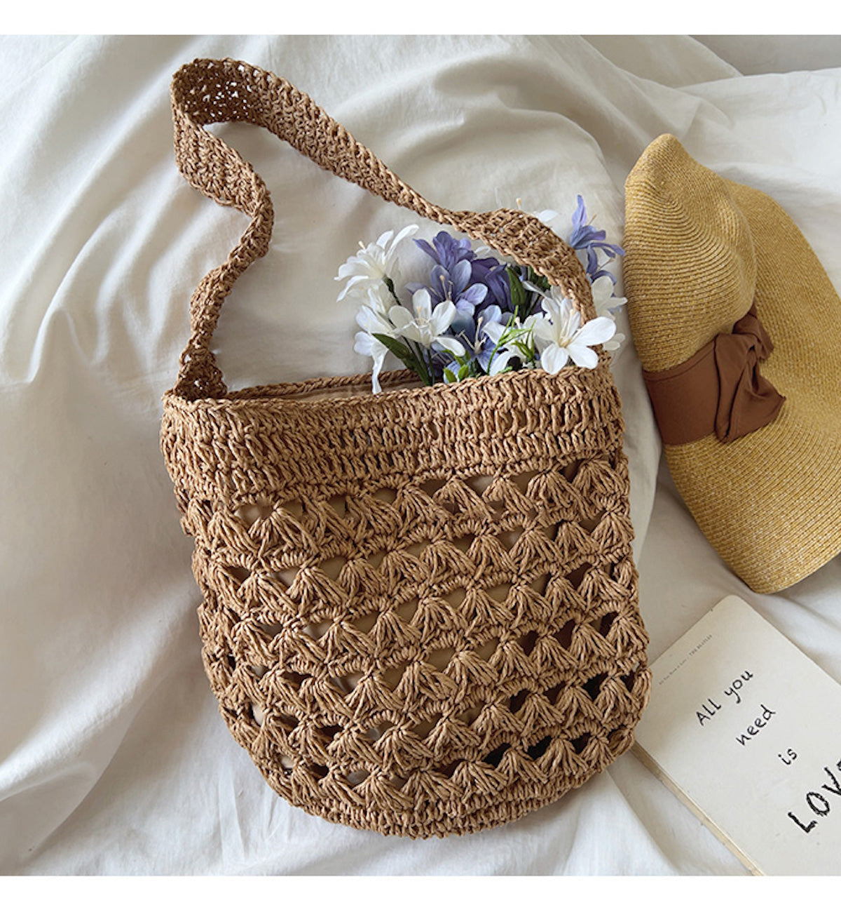 Women’s Patterned Straw Shoulder Bucket Bag for Beach, Vacation & Summer Outfits