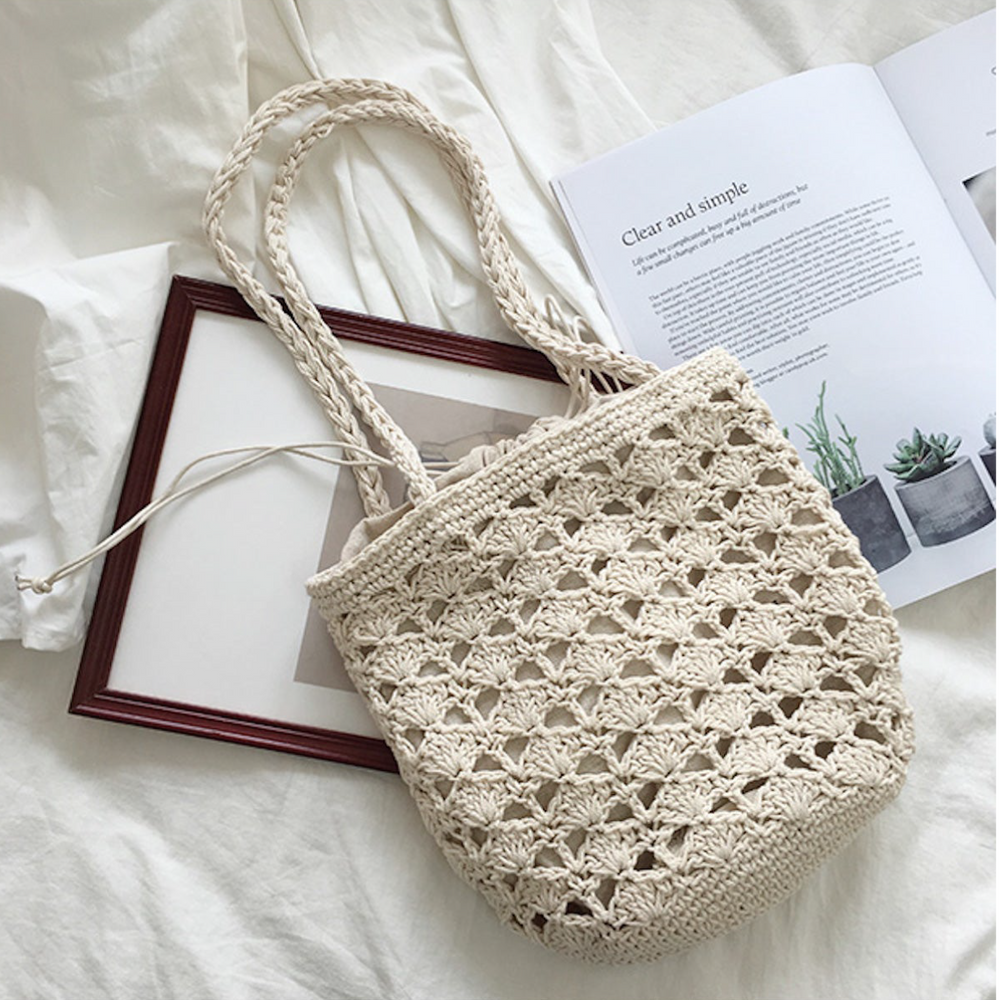 Handgemachte gehäkelte Eimer-Umhängetasche für Damen im Boho-Alltagsstil und als Geschenk
