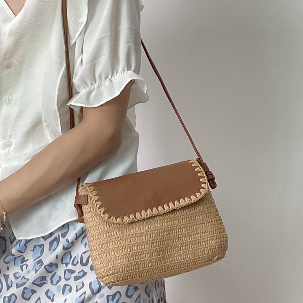 Women’s Straw Woven Messenger Bag with Leather Flap for Beach, Vacation & Summer Outfits