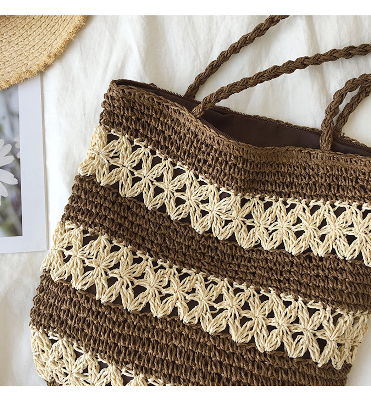 Women’s Patterned Straw Woven Tote Bag for Beach, Vacation & Summer Outfits