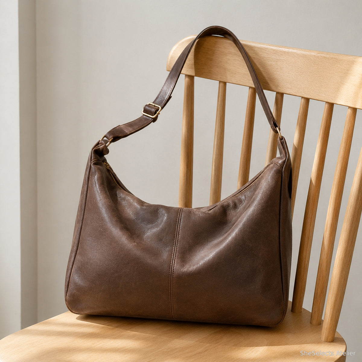 Brown slouchy zipper shoulder bag resting on a light oak chair at home