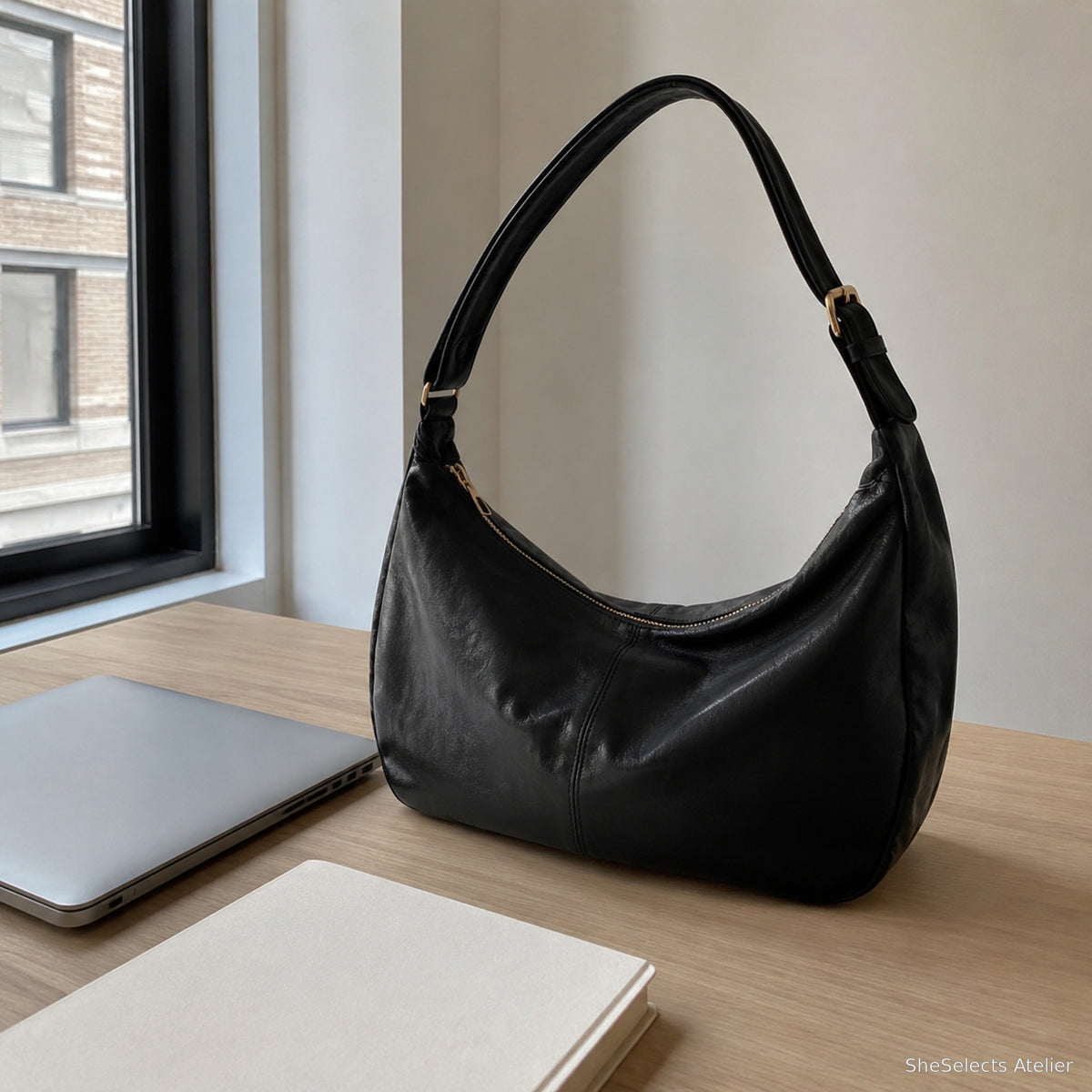 Black everyday hobo tote beside a laptop and notebook on a work desk