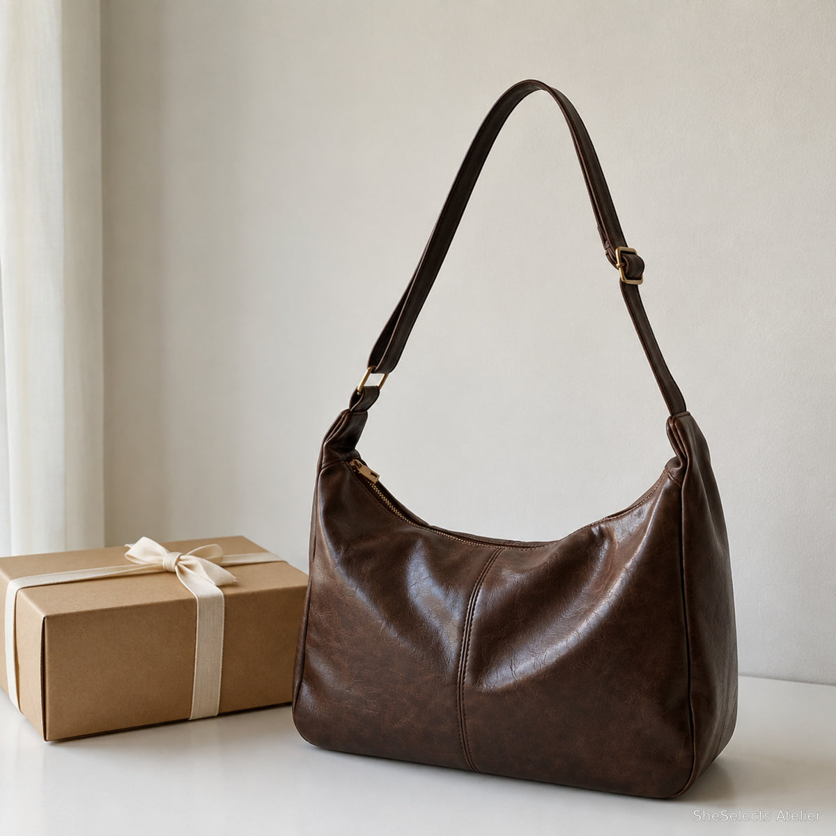 Dark brown hobo shoulder bag styled beside a simple ribbon gift box