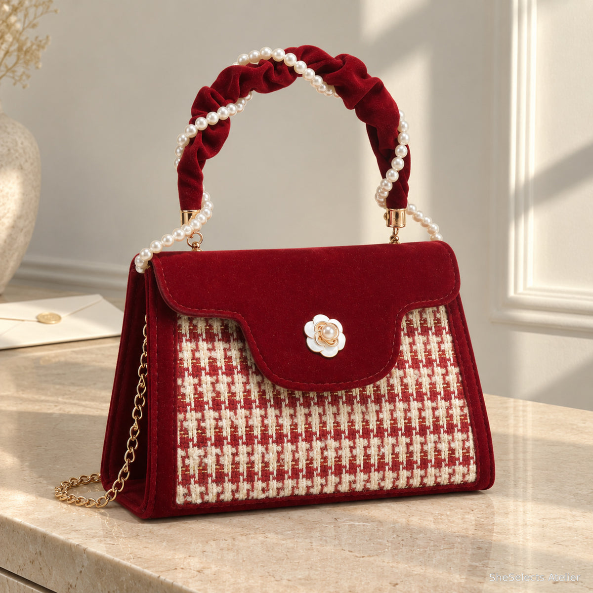 Rosaline wine red velvet and woven evening bag front view