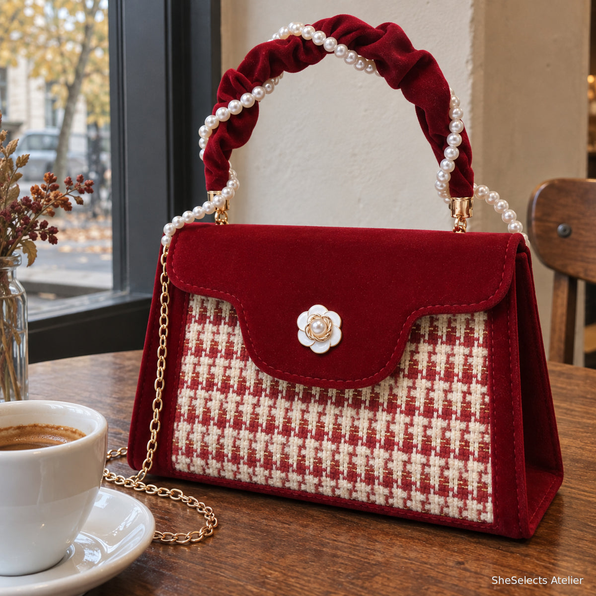 Wine red velvet evening bag on cafe table
