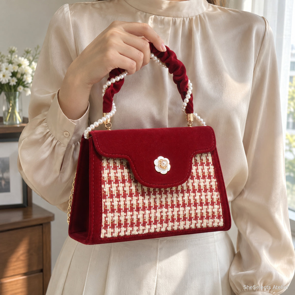 Rosaline velvet bag held at waist in ivory blouse