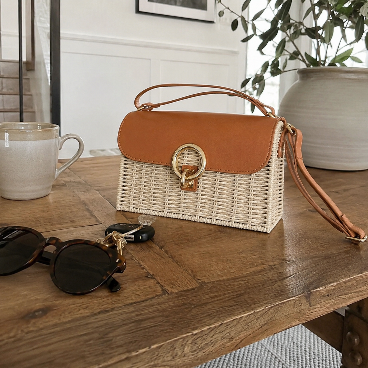 Woven Straw Square-Lock Crossbody Bag, Structured Fall Purse