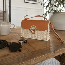 Woven Straw Square-Lock Crossbody Bag, Structured Fall Purse