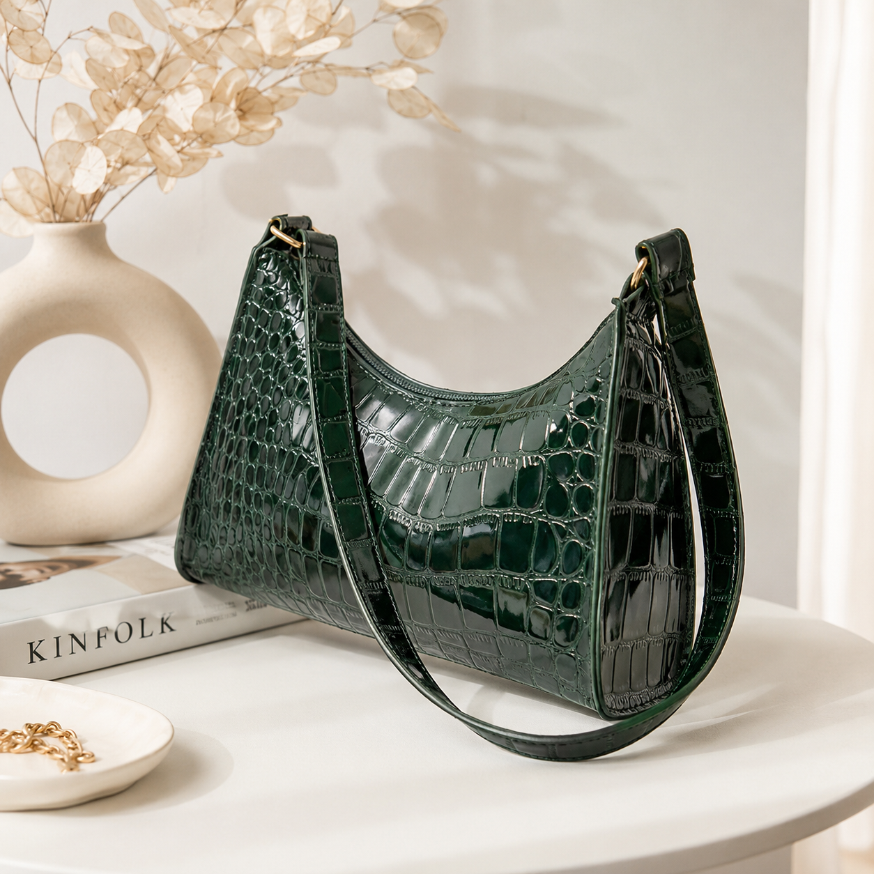 Mini Croc Embossed Shoulder Bag, Glossy Baguette Purse in 13 Colors