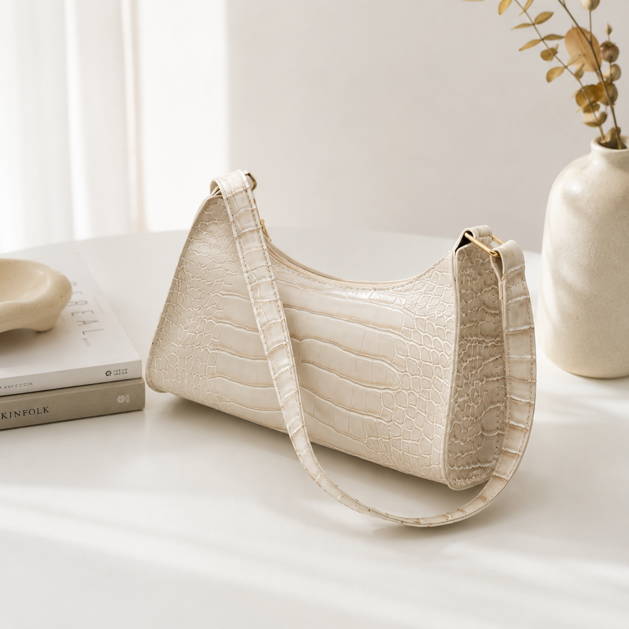 Mini Croc Embossed Shoulder Bag, Glossy Baguette Purse in 13 Colors