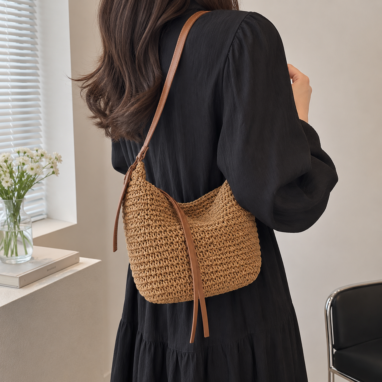Slouchy Woven Straw Hobo Bag with Adjustable Strap and Zip Top