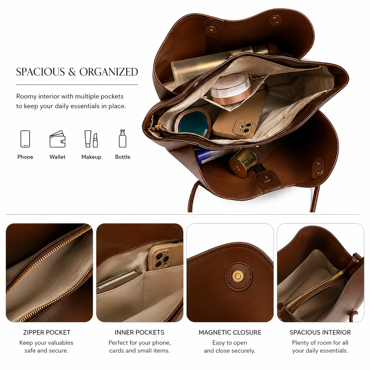 Large Vegan Leather Work Tote with Side Pockets and Optional Pompom Charm