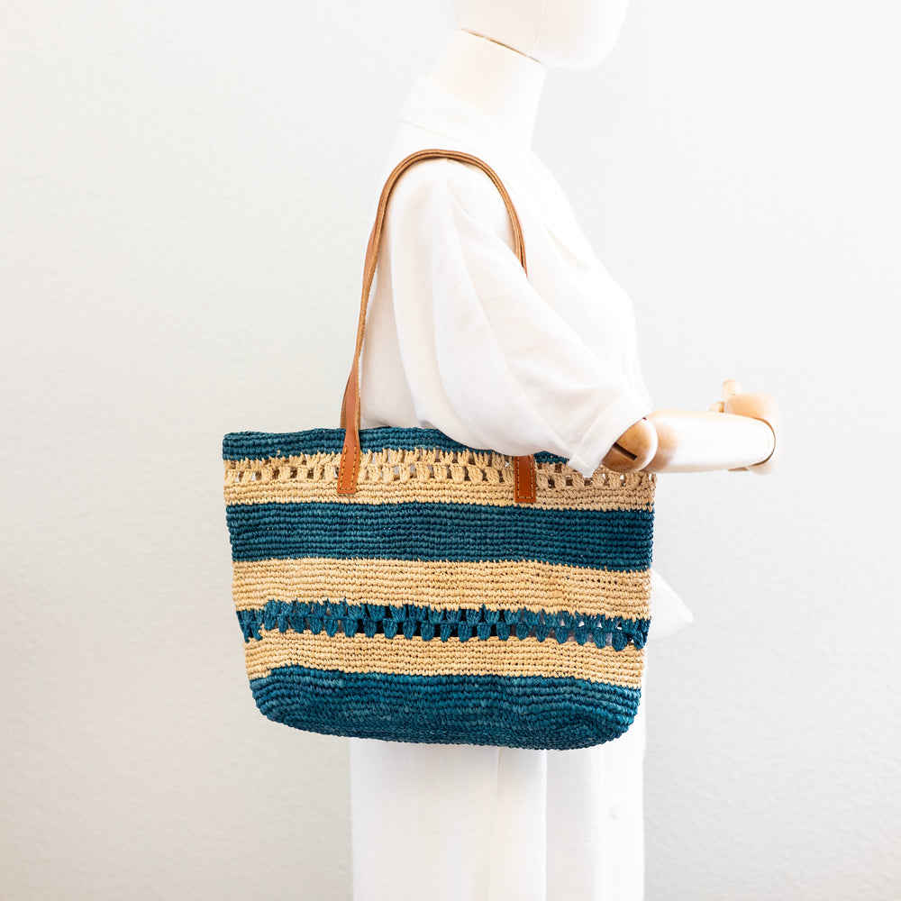 Women’s Teal Raffia Tote with Genuine Leather Straps for Beach, Vacation & Summer Outfits