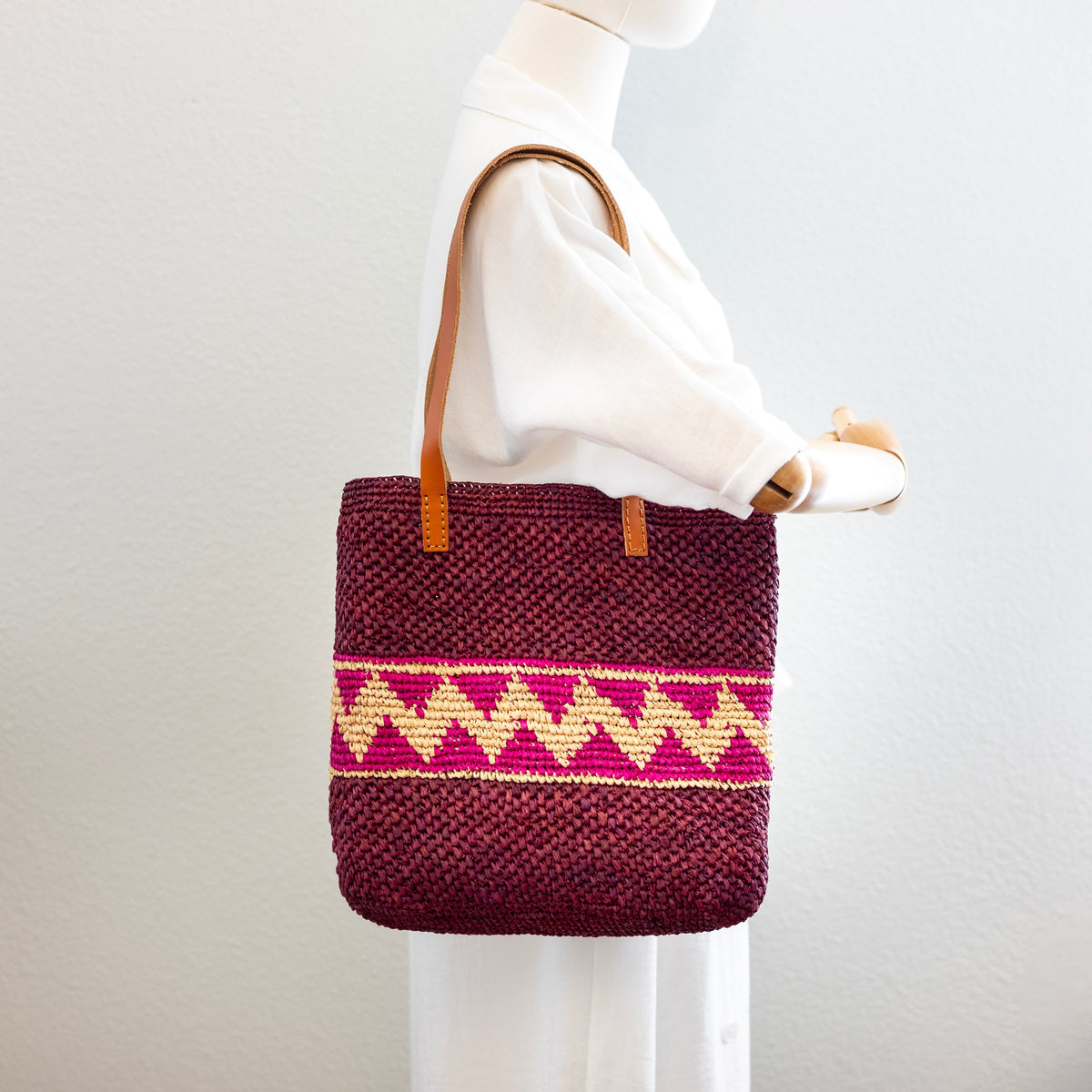 Women’s Magenta Raffia Tote with Genuine Leather Straps for Beach, Vacation & Summer Outfits