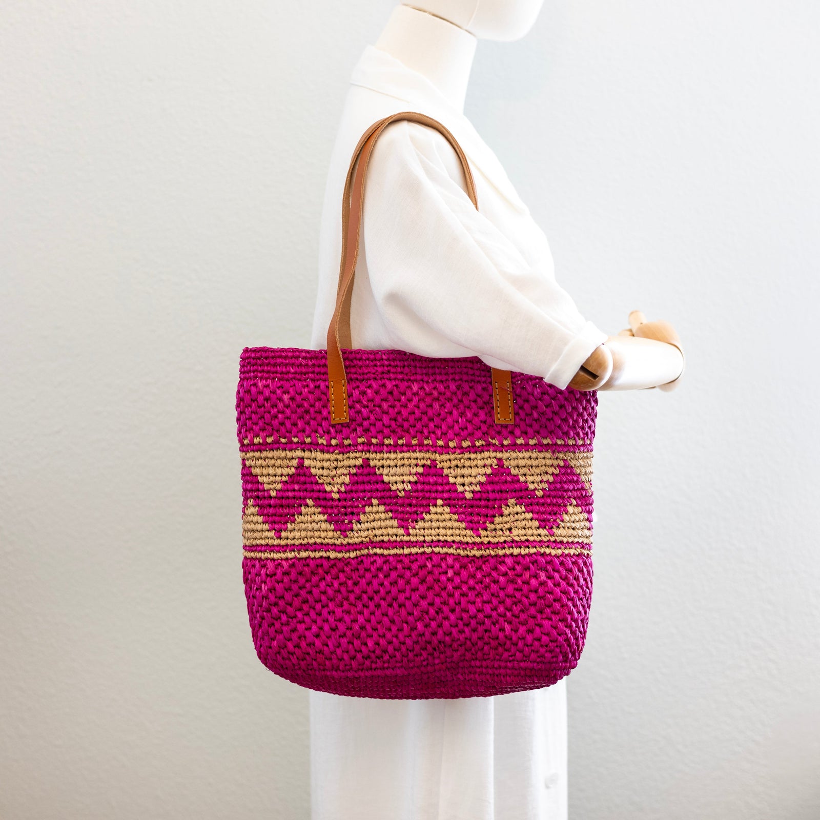 Women’s Magenta Raffia Tote with Genuine Leather Straps for Beach, Vacation & Summer Outfits