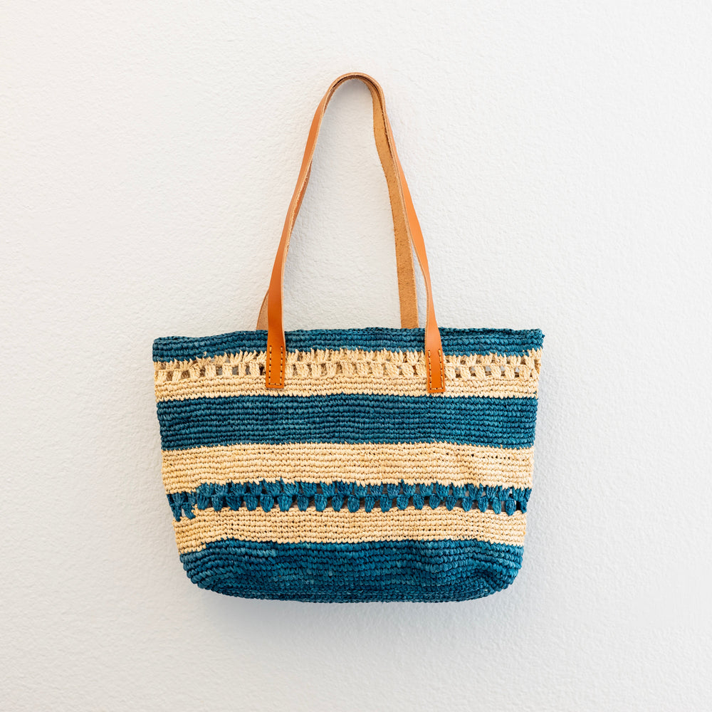 Women’s Teal Raffia Tote with Genuine Leather Straps for Beach, Vacation & Summer Outfits