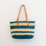 Women’s Teal Raffia Tote with Genuine Leather Straps for Beach, Vacation & Summer Outfits
