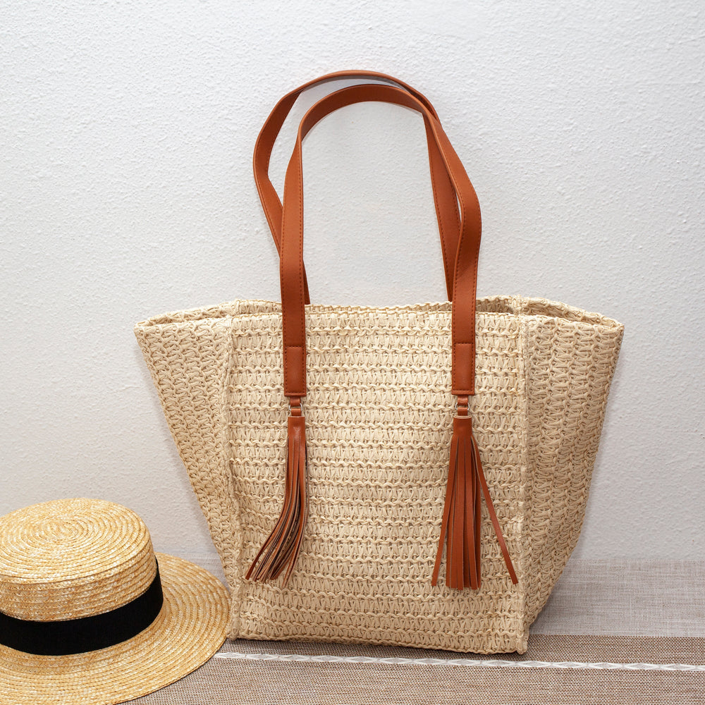 Damen Strohgewebte Tragetasche mit Quaste für Strand, Urlaub & Sommer-Outfits