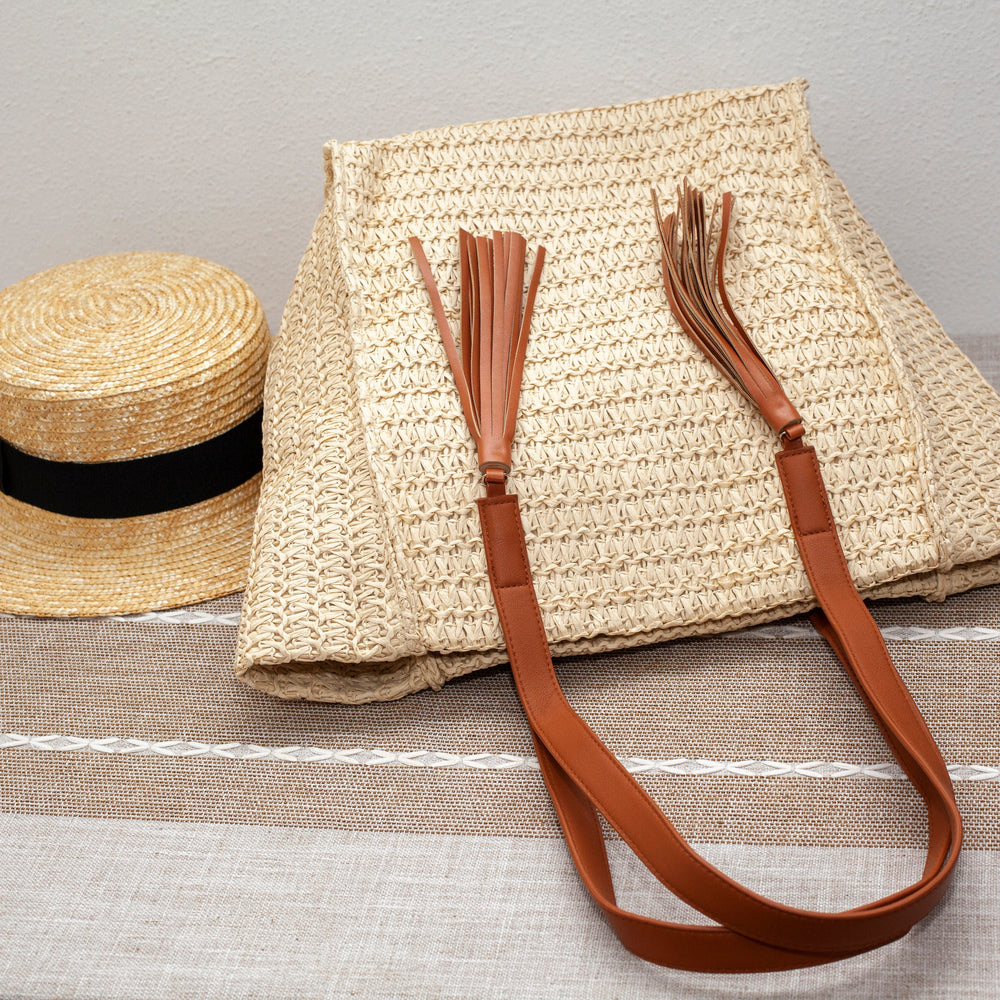 Damen Strohgewebte Tragetasche mit Quaste für Strand, Urlaub & Sommer-Outfits