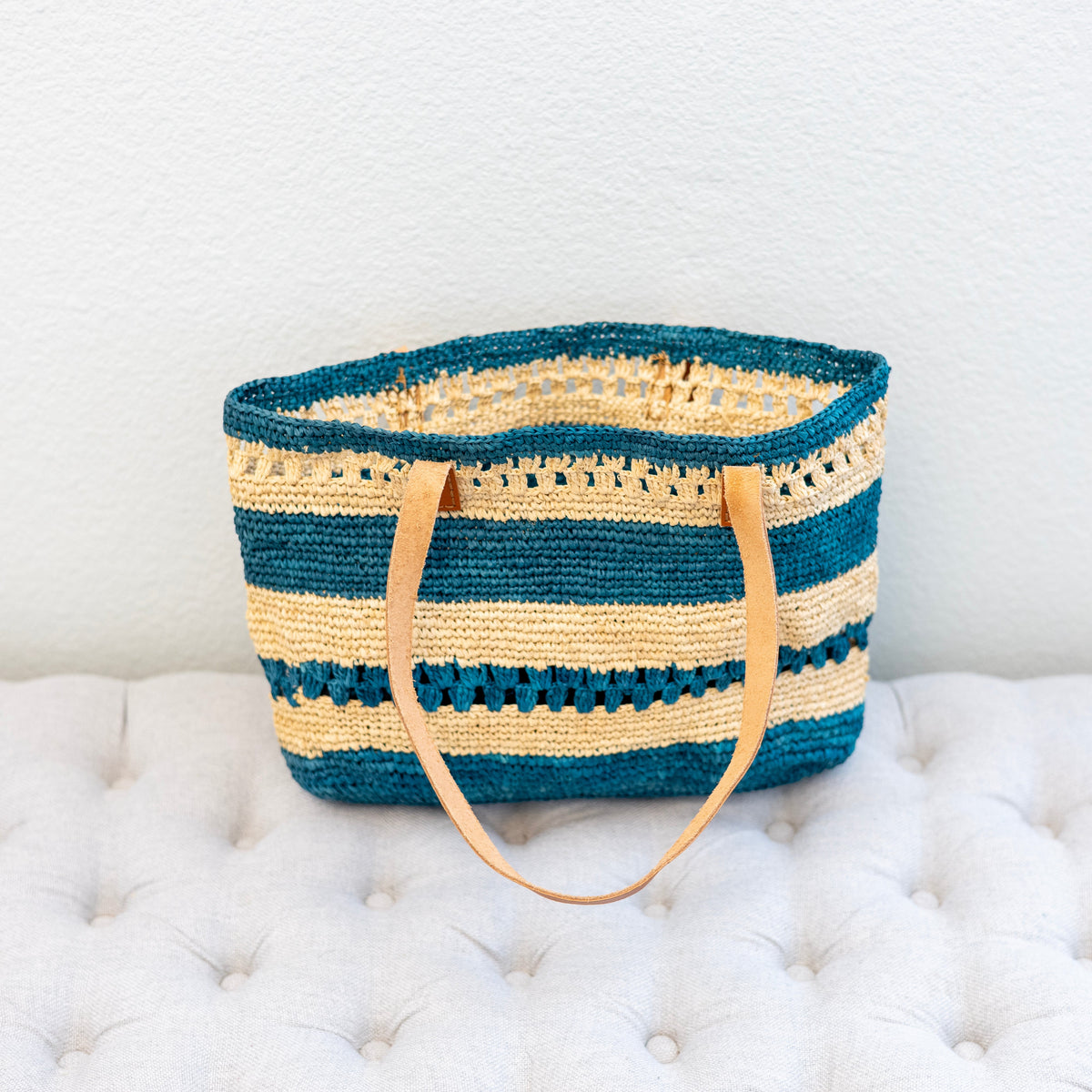 Women’s Teal Raffia Tote with Genuine Leather Straps for Beach, Vacation & Summer Outfits